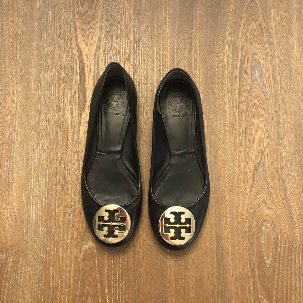 Tory Burch Black Ballet Flats with gold emblems